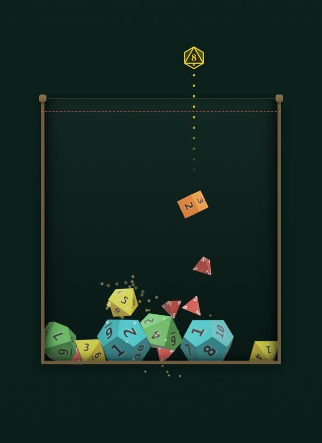 Dice Merge at phone width, with the jar filling most of the screen and the ladder of die types along the bottom.