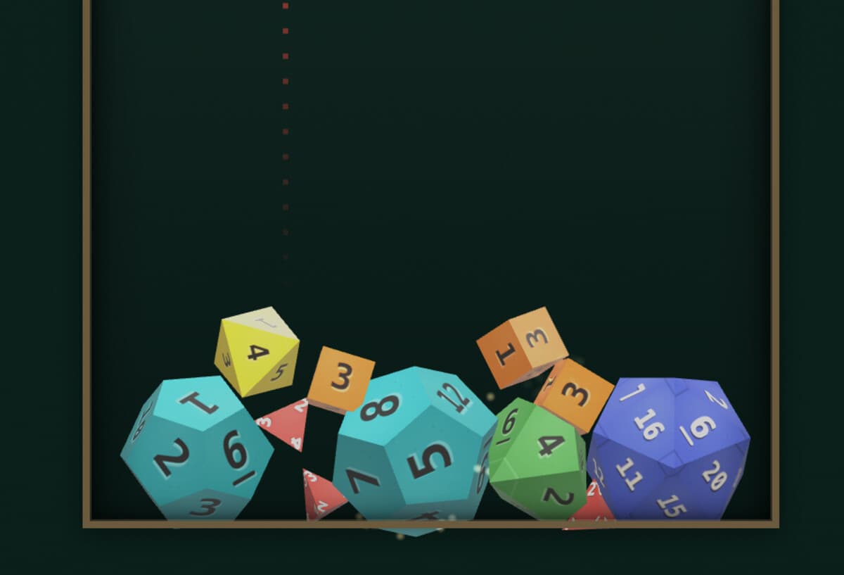 The Dice Merge jar part-full of polyhedral dice: a yellow d8, orange d6 cubes, teal d12s, a green d10 and a blue d20 piled against the wooden frame.