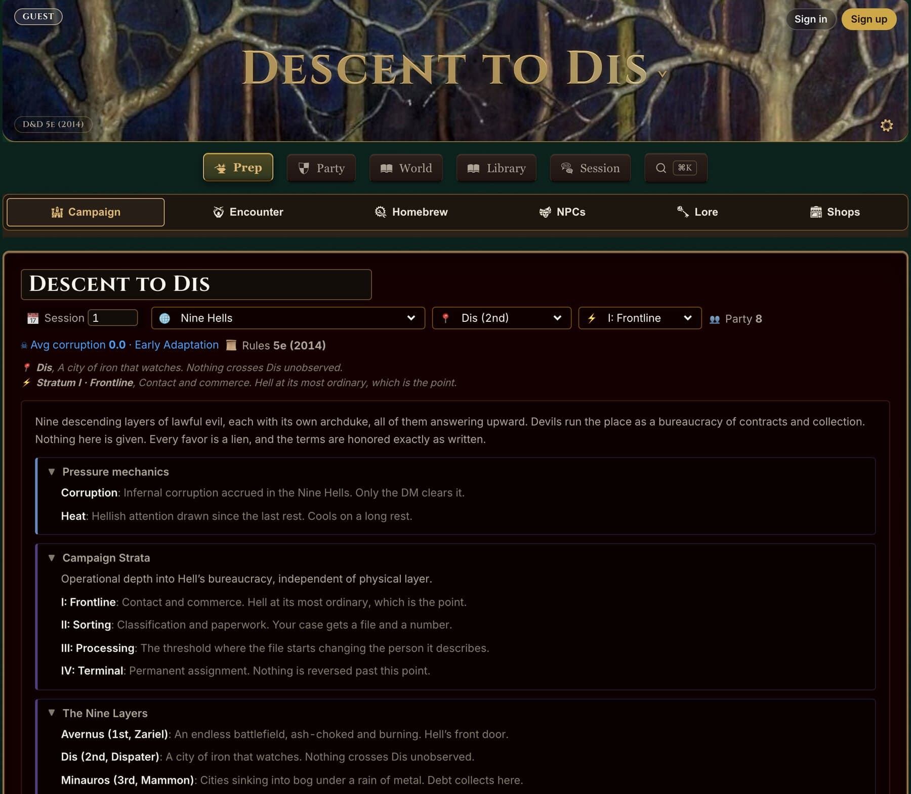 The DM Screen campaign dashboard for a campaign called Descent to Dis, with the painted masthead, tab rows, and a session panel showing corruption and heat trackers.