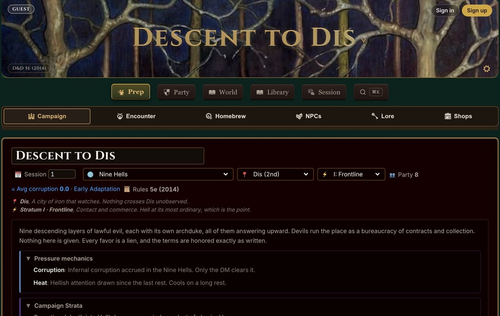 The DM Screen running a campaign called Descent to Dis, showing the painted masthead, the Prep and Party tab rows, and the campaign dashboard.