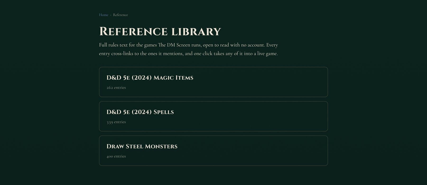The reference library index, listing 262 magic items, 339 spells, and 400 Draw Steel monsters.