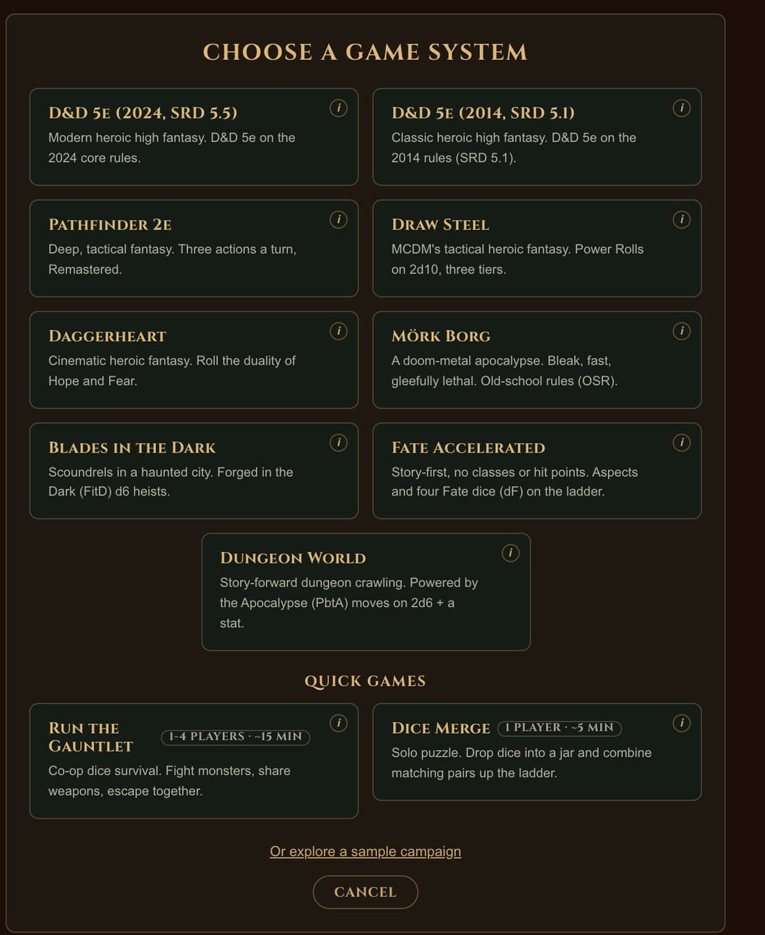 The DM Screen system picker listing nine tabletop rule systems, plus two quick games.