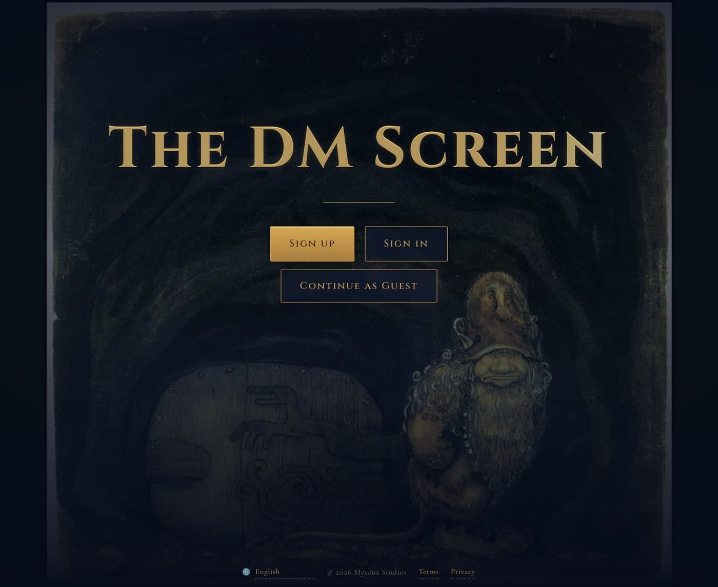The DM Screen welcome screen, with the wordmark in gold over a painted illustration and buttons to sign up, sign in, or continue as a guest.